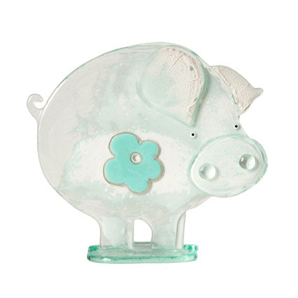 Large Blue Flower Pig Fused Glass Table Art
