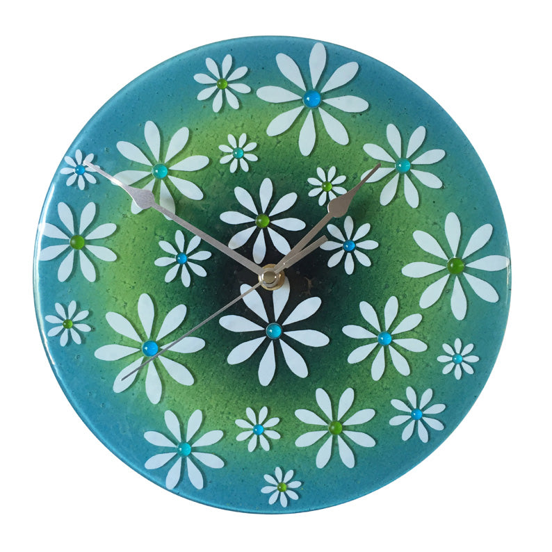 Floral Fused Glass Wall Clock In Blue