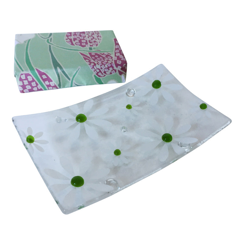Green Hand Made Floral Fused Glass Soap Dish