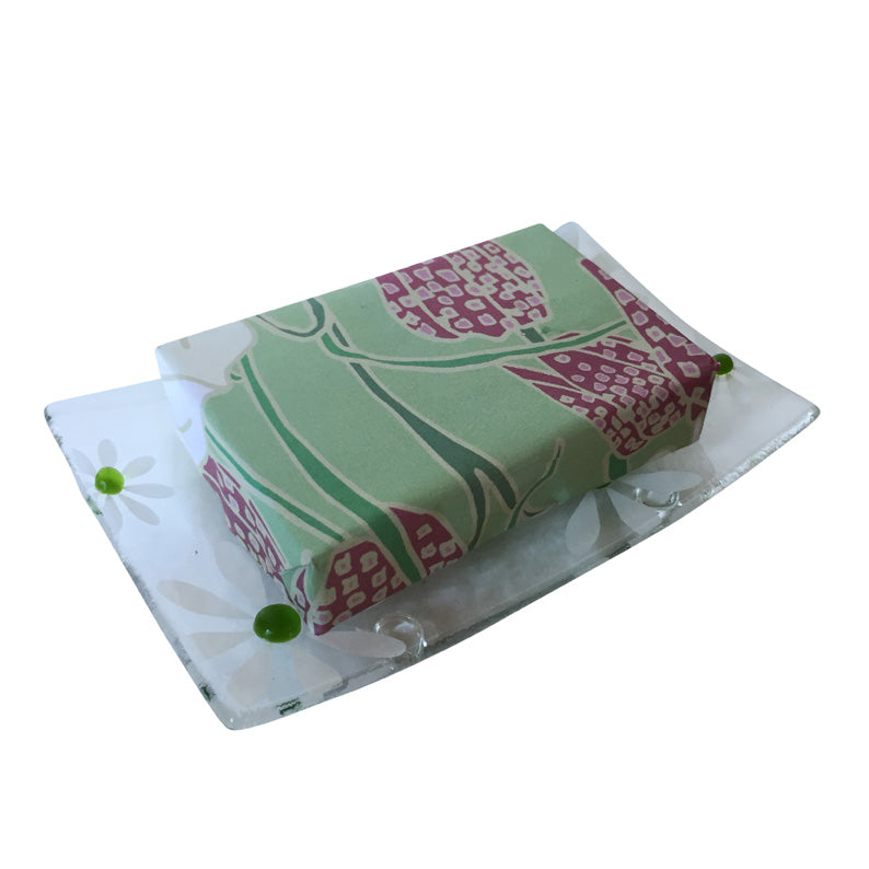 Green Hand Made Floral Fused Glass Soap Dish