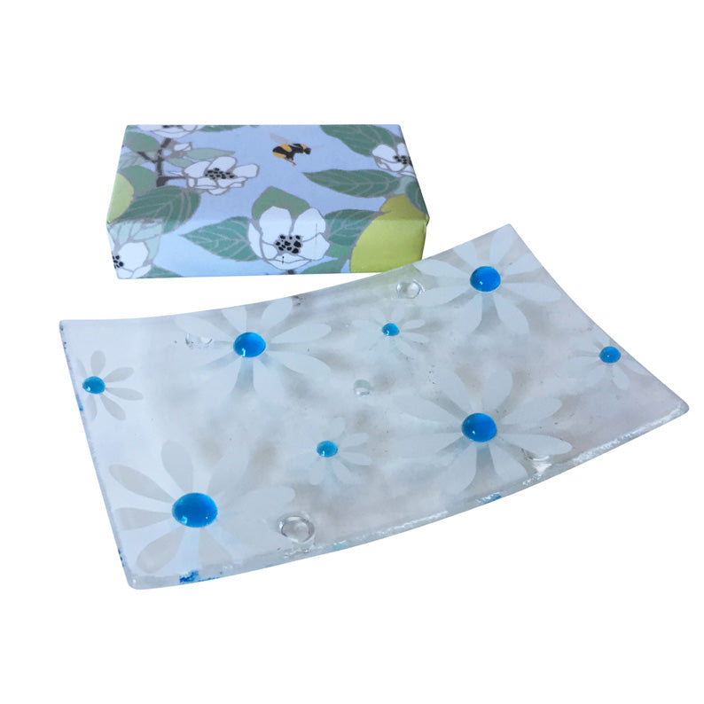 Turquoise Floral Fused Glass Soap Dish
