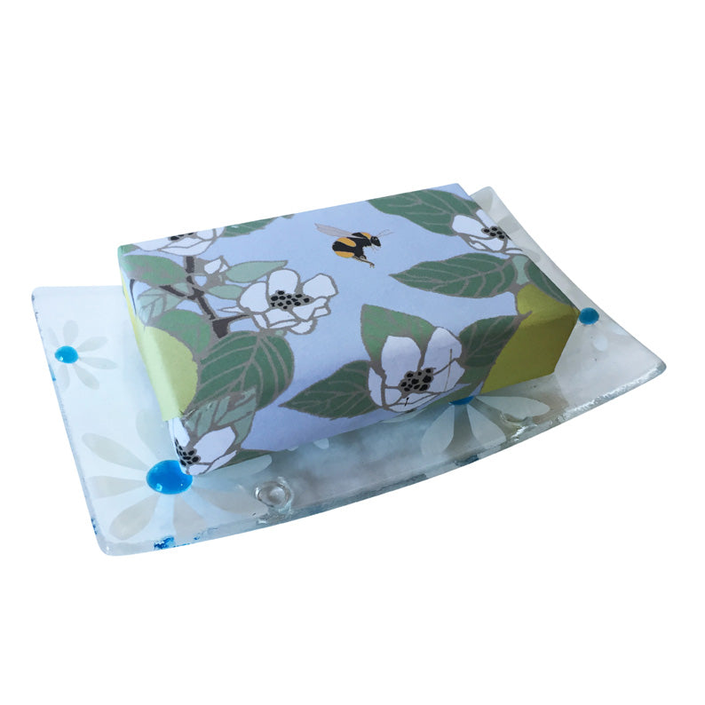 Turquoise Floral Fused Glass Soap Dish