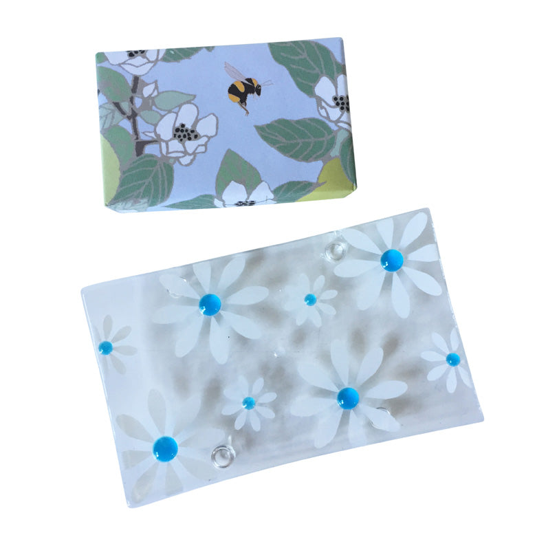 Turquoise Floral Fused Glass Soap Dish