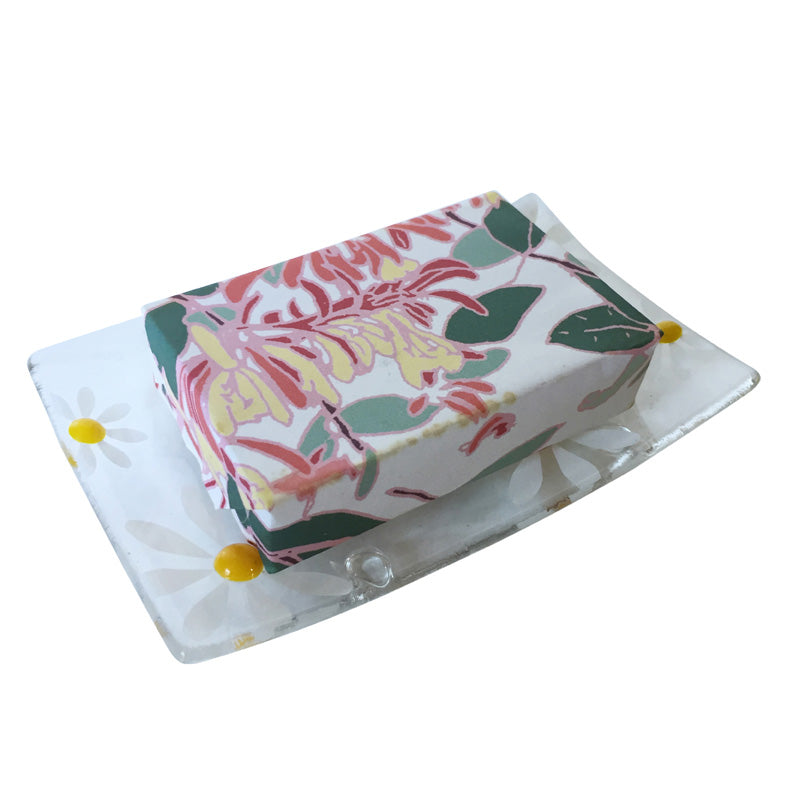 Hand Made Floral Glass Soap Dish In Yellow