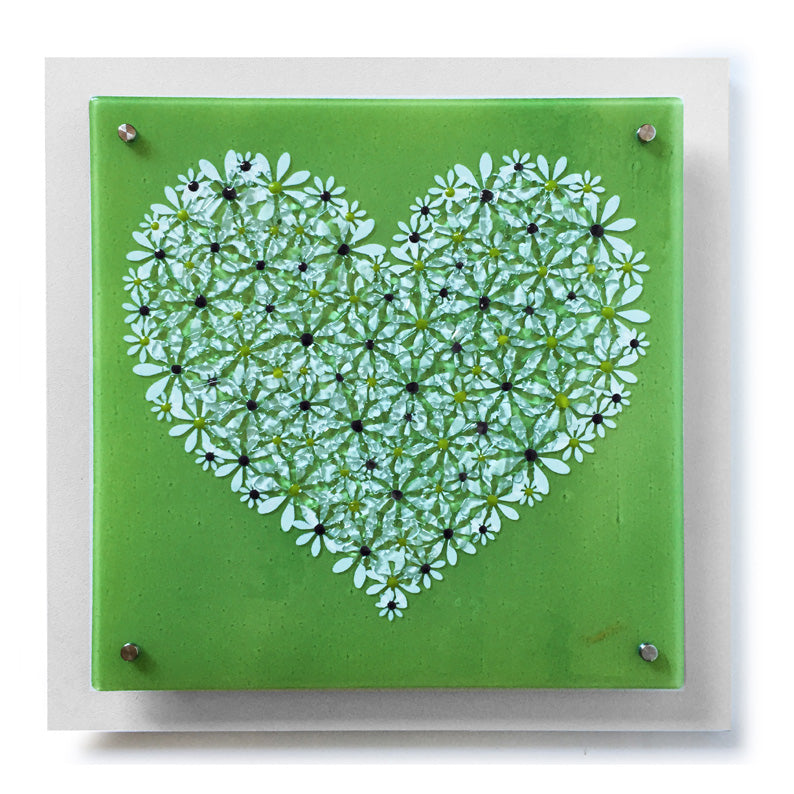Exquisite Green Heart Fused Glass Wall Panel