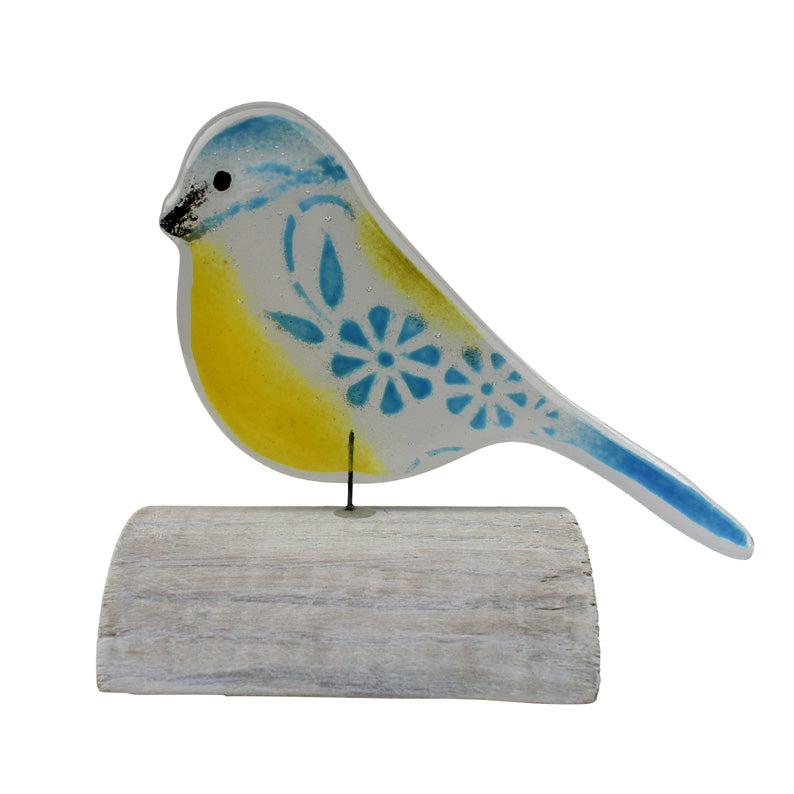 Blue Tit Wood And Glass Art Piece