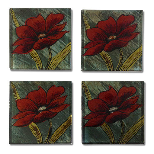 Orange Summer Flowers Glass Coasters