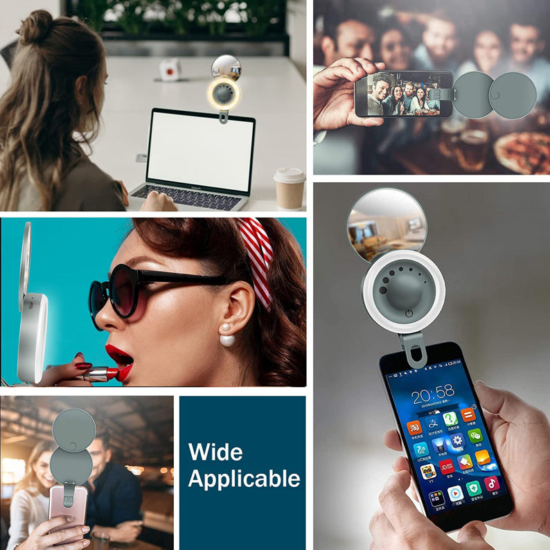 3-Level Brightness Adjustment Clip On Selfie Ring Light With Mirror