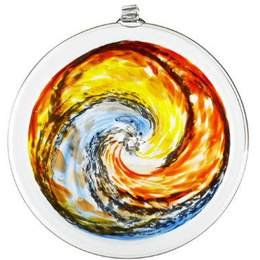 8" Gold and Blue Van Glow Spiral Hand Blown Glass Sun Disc