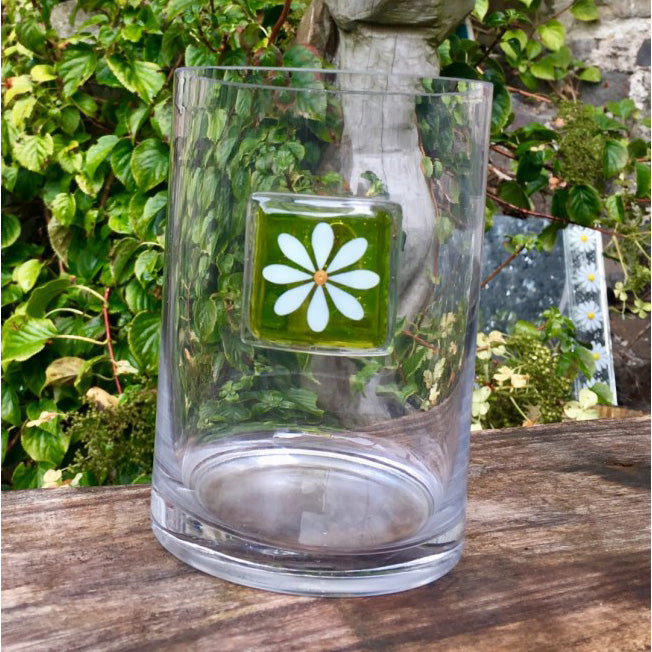 Fused Glass White Daisy On Green Vase