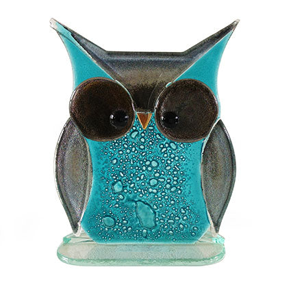Fused Glass Teal Blue Wide-Eyed Owl