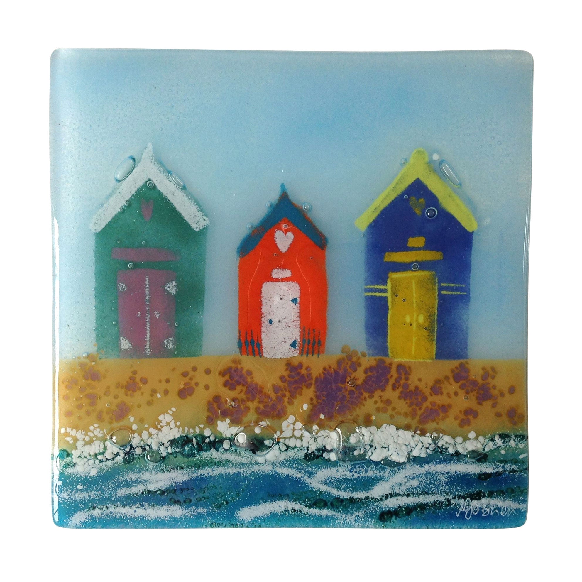 Row Of Beach Huts Fused Glass Wall Panel