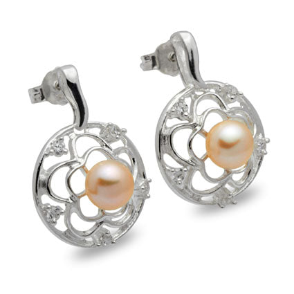 Encrusted Flower Silver Pearl Earrings