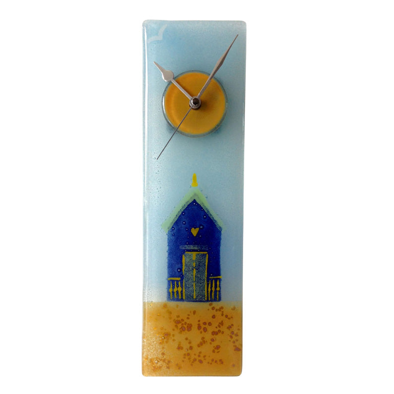 Darker Blue Beach Hut Fused Glass Wall Clock