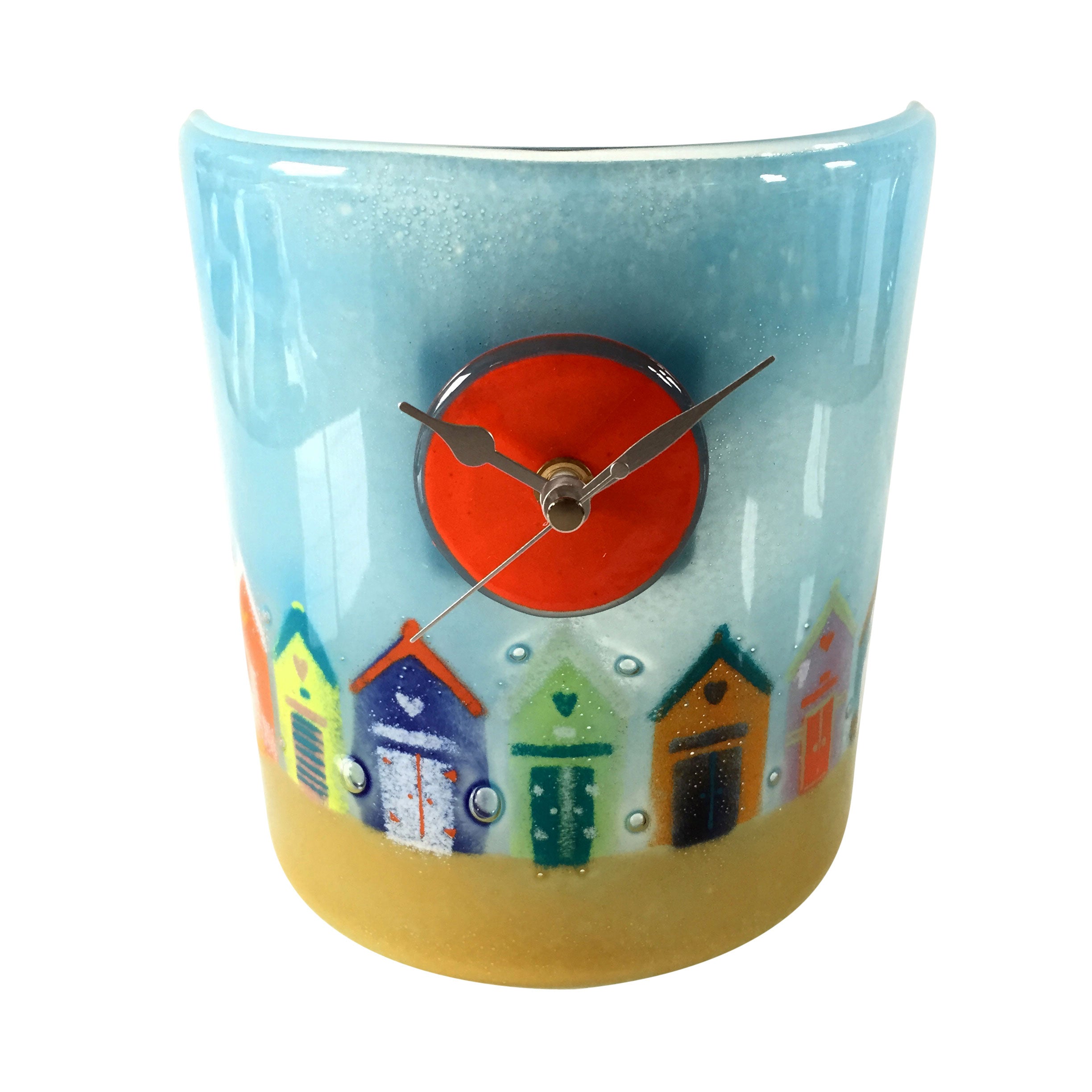 Row Of Beach Huts Curved Fused Glass Table Clock