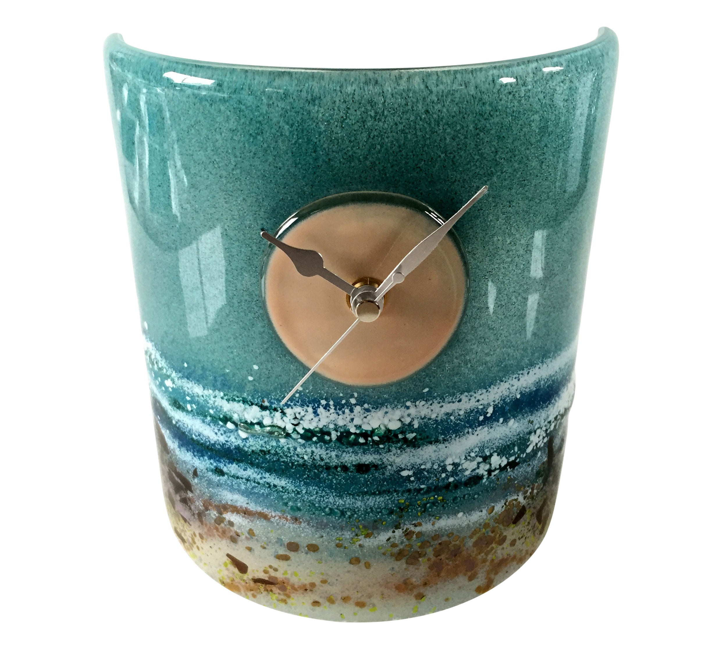Sandy Beach Walk Curved Fused Glass Table Clock