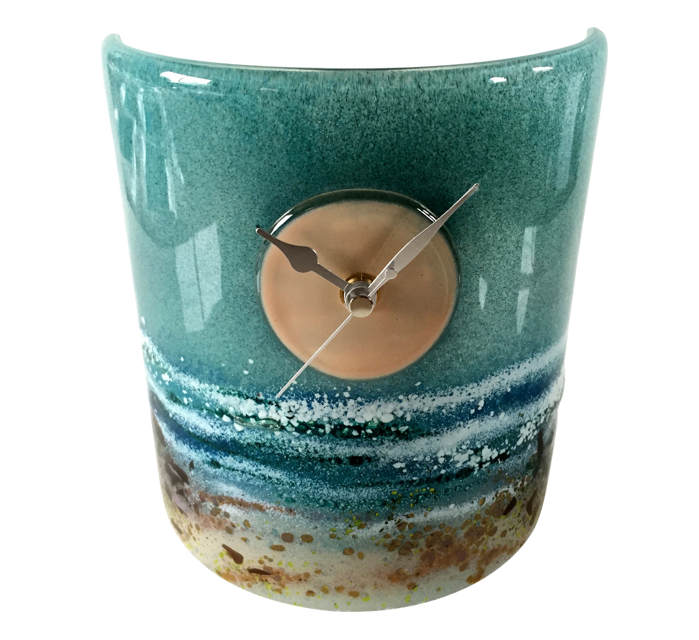 Sandy Beach Walk Curved Fused Glass Table Clock