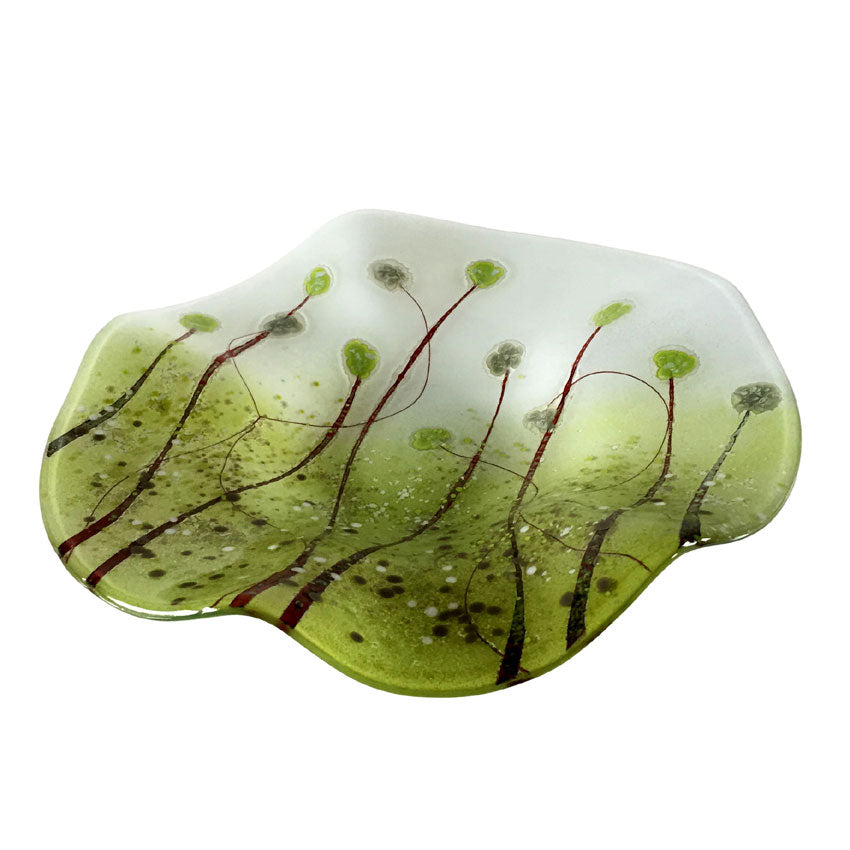 Large Wavy Green Poppy Fused Glass Bowl
