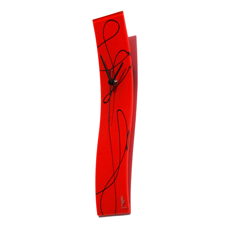 Red Glass Wall Clock With Black Abstract Lines