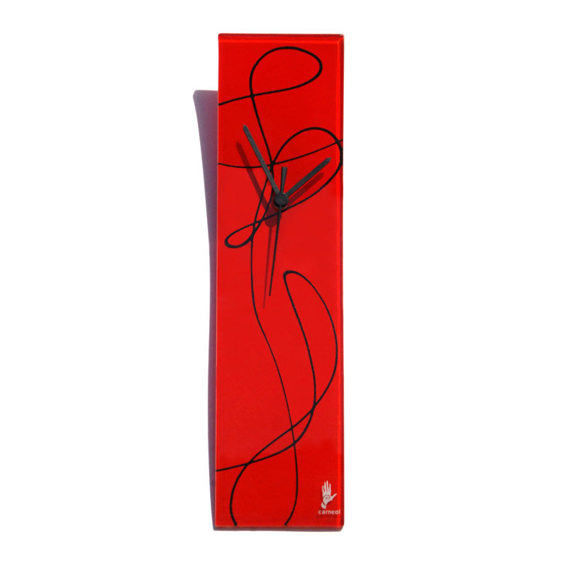 Red Glass Wall Clock With Black Abstract Lines