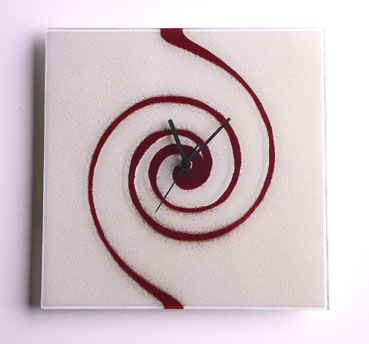 White With Deep Red Swirl Fusion Glass Wall Clock