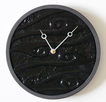 Round Concrete Black Waves Fusion Glass Wall Clock