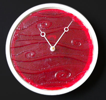 Round White Concrete Red Waves Fusion Glass Wall Clock