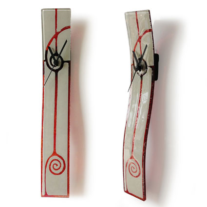White and Red Spirals Fusion Glass Wall Clock