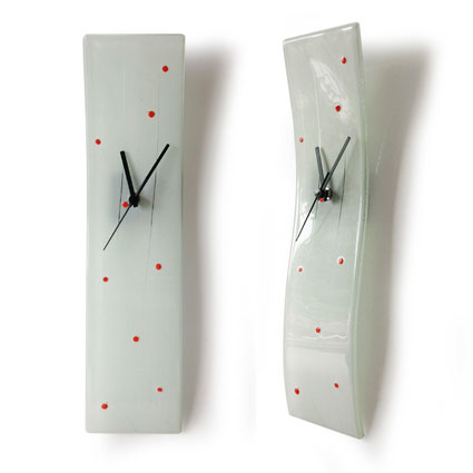 Painted White and Orange Dots Fused Glass Wall Clock