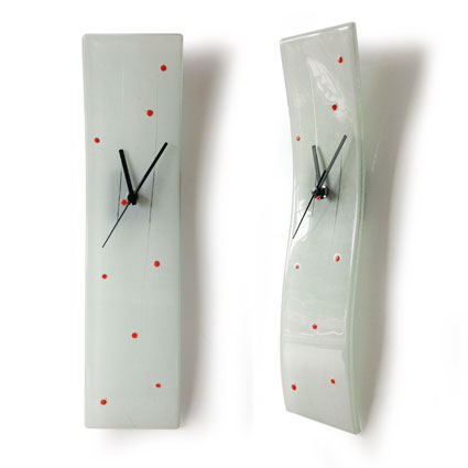 Painted White and Orange Dots Fused Glass Wall Clock