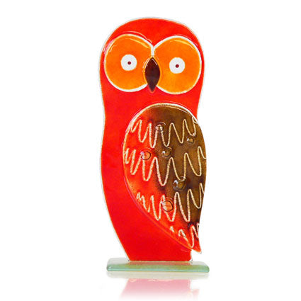 Large Ruby Red Owl Fused Glass Table Art