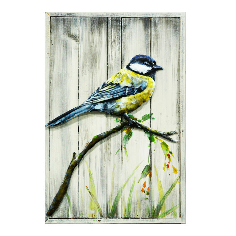 Metal Great Tit Bird Set On Wood