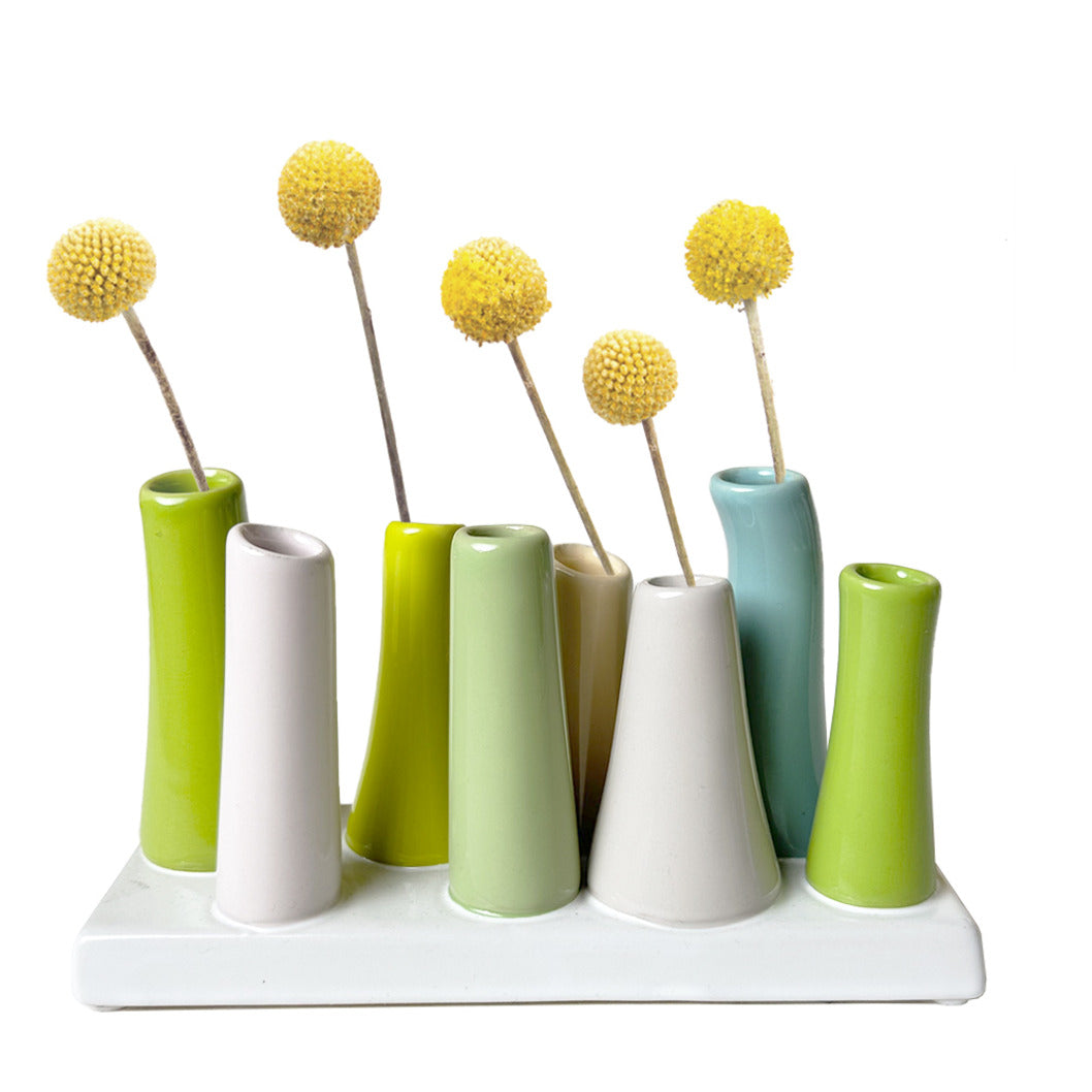 Set Of 8 Pea Green Tube Bud Vases