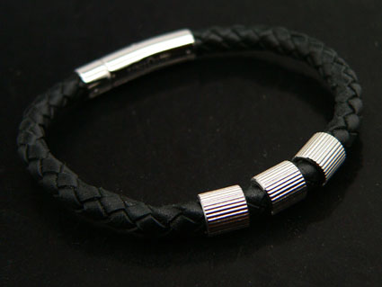 Black Leather Bracelet With Steel Sliders