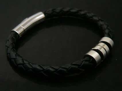 Black Leather Bracelet With Steel Sliders