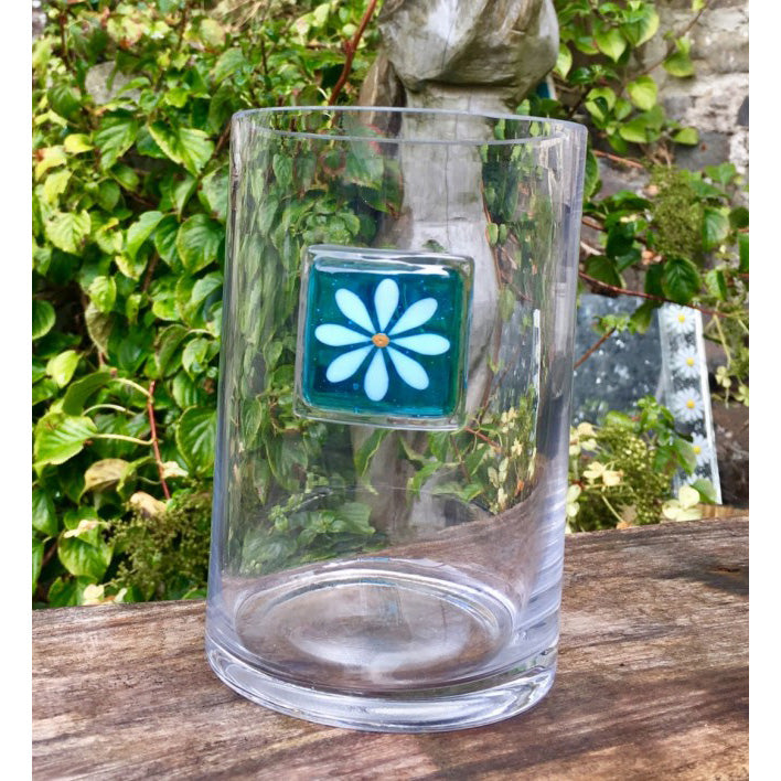 Hand Crafted White Daisy On Turquoise Glass Vase