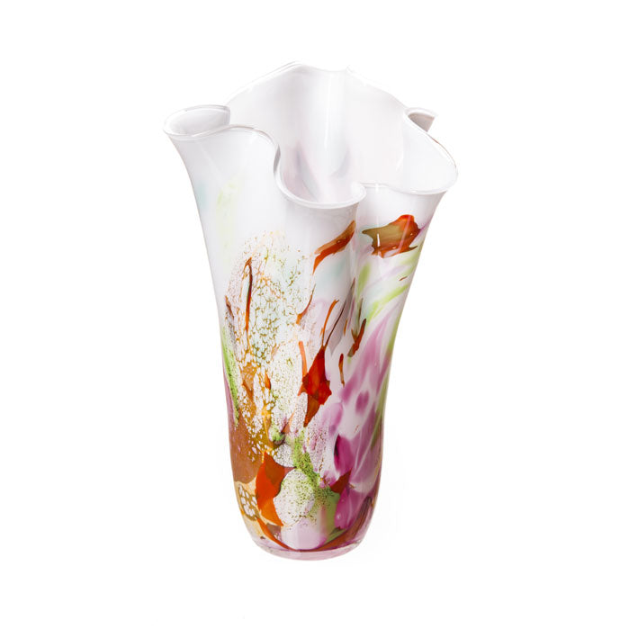 Hand Blown Swirling Vase In Red, Green And Pink