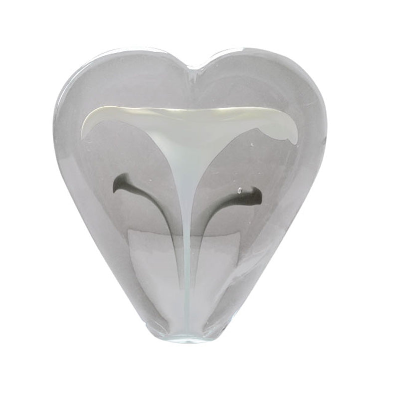 Heart Shaped Glass Paperweight White Flower Design