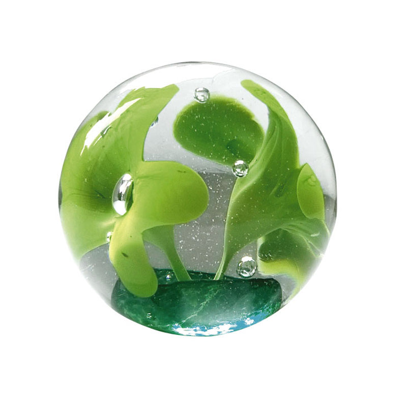 Blown Glass Ball Paperweight With Green Flowers