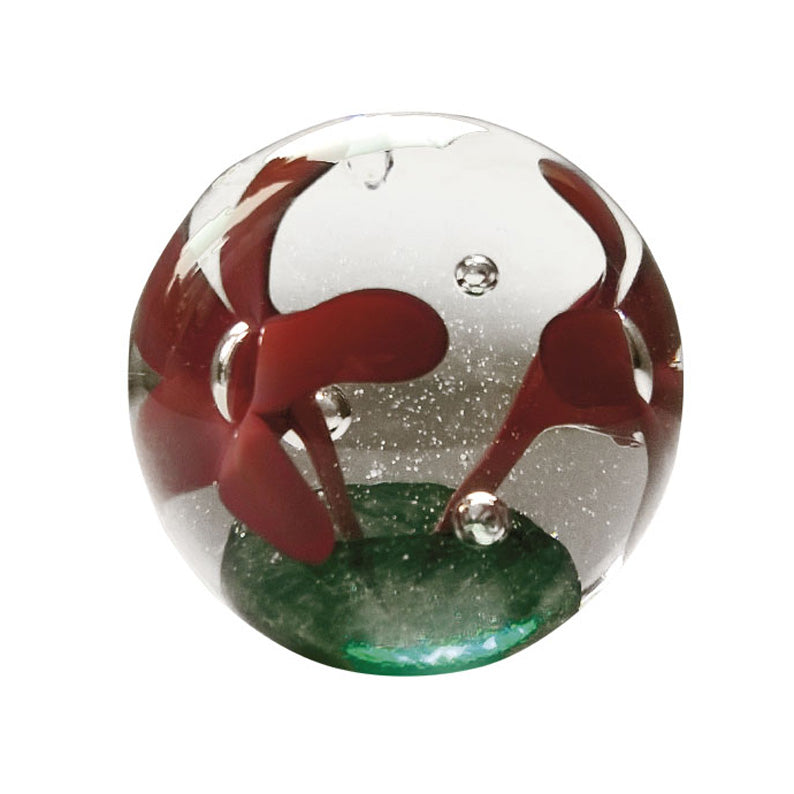 Handmade Round Glass Paperweight Red Flowers