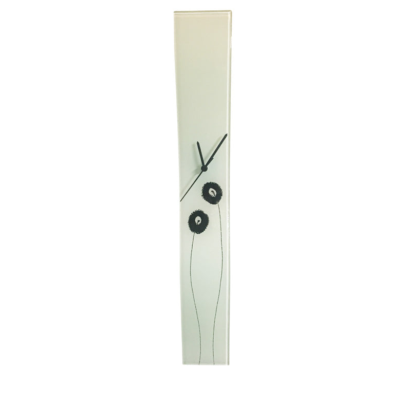 Curved White And Black Flowers Glass Wall Clock