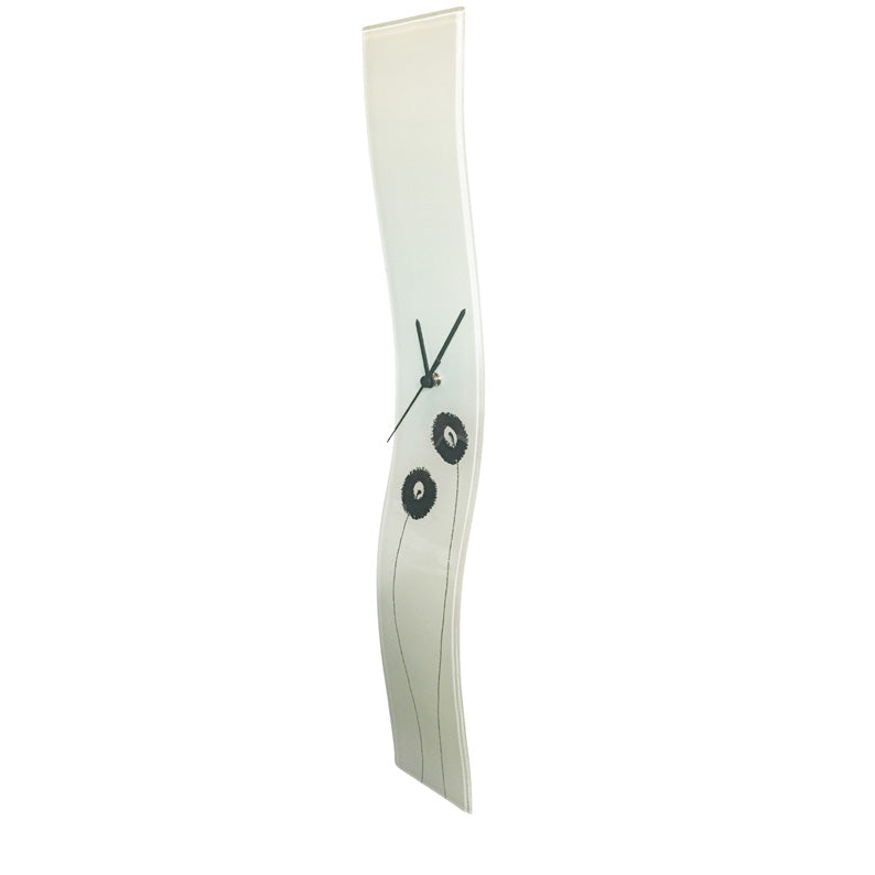 Curved White And Black Flowers Glass Wall Clock