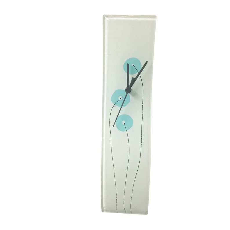 Curved Turquoise Flowers Glass Wall Clock