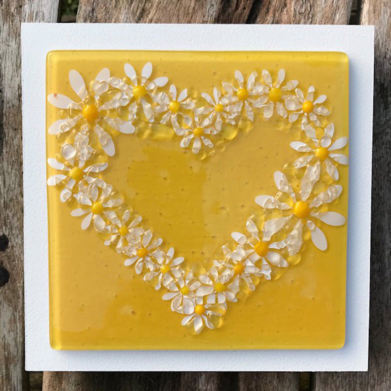 Fused Glass Daisy Flower Heart Wall Panel In Yellow