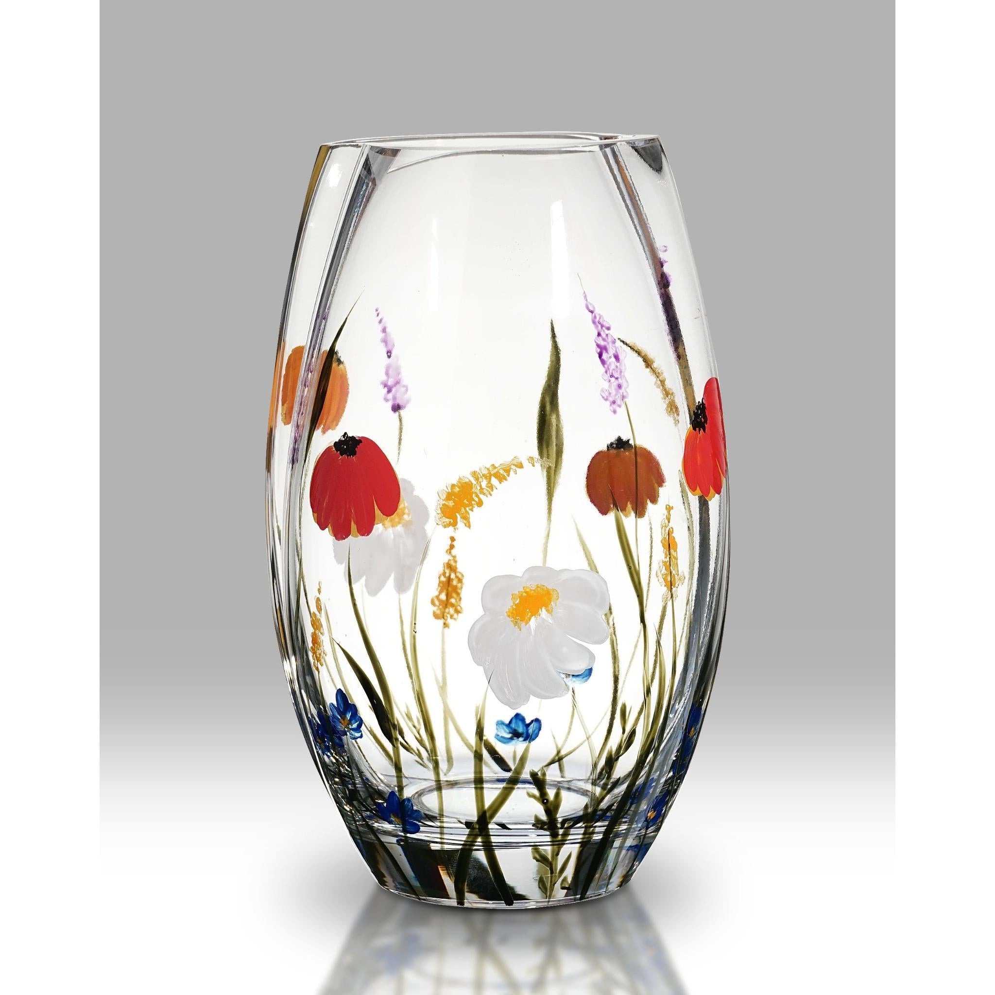 Hand-Painted Rounded Glass Vase with Meadow Flowers and White Daisy Motif