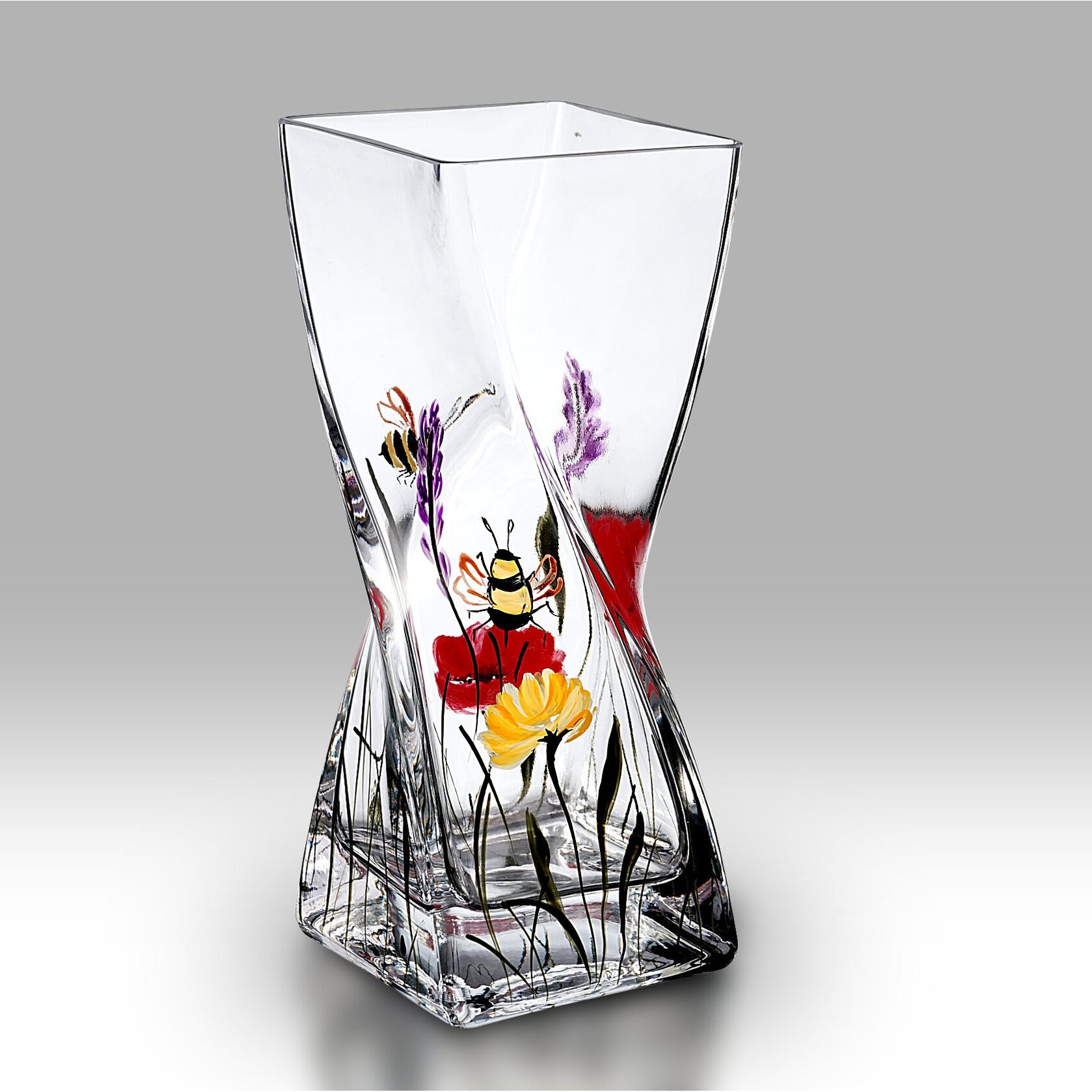 Bees And Poppy Flower Design Twist Glass Vase