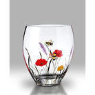 Hand-Painted Curved Glass Vase with Bees and Wildflower Meadow Design