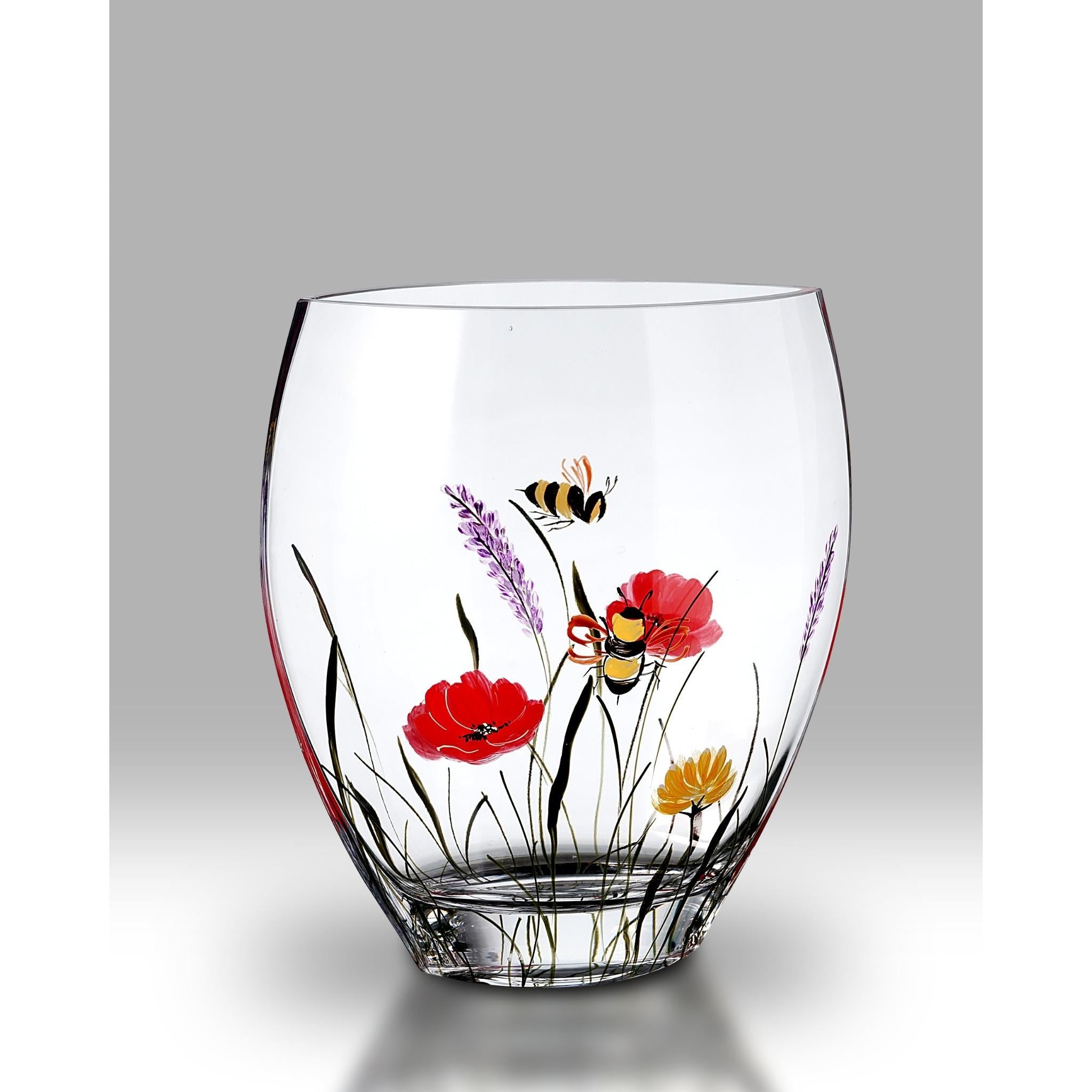 Hand-Painted Curved Glass Vase with Bees and Wildflower Meadow Design