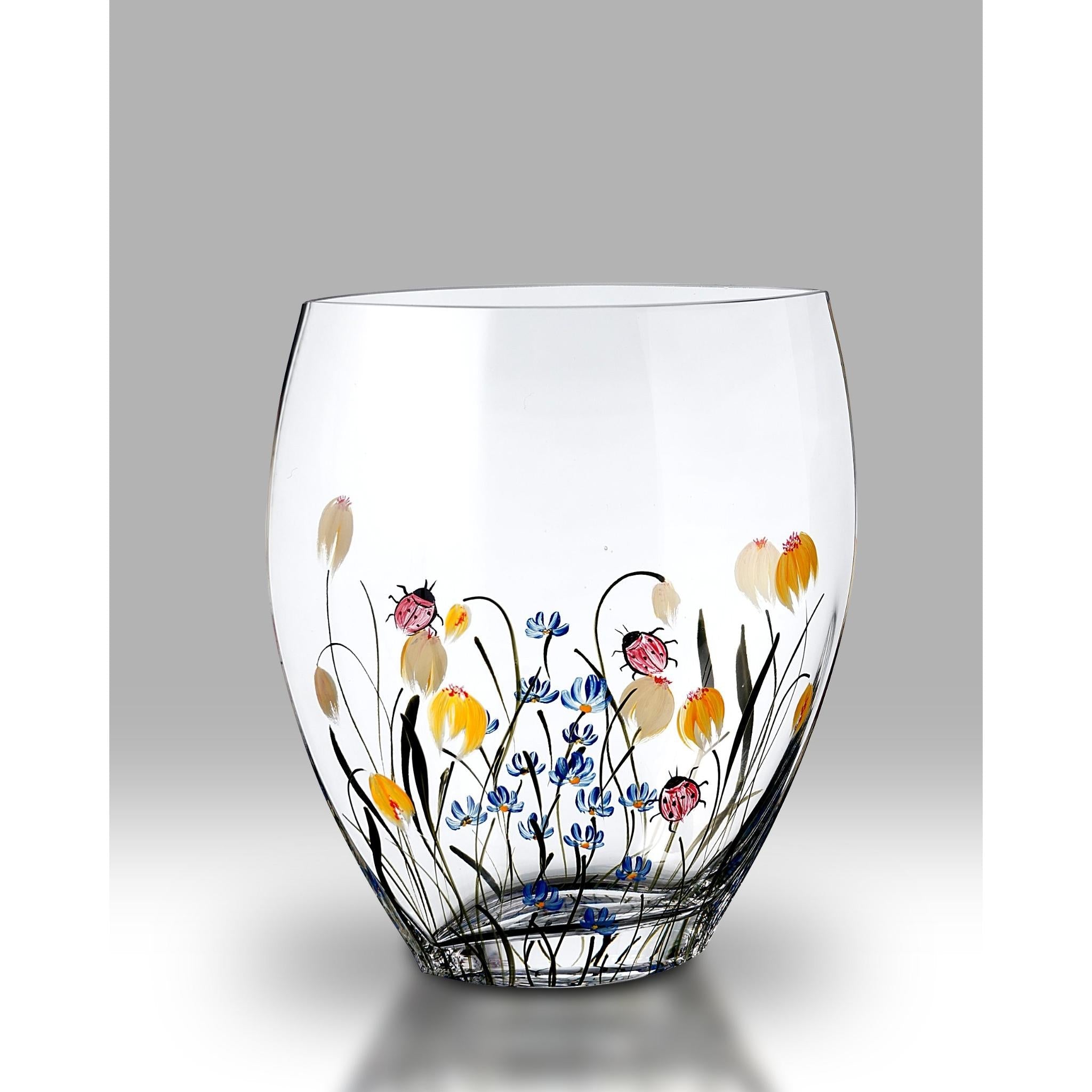 Artisan Curved Glass Vase with Hand-Painted Blue and Yellow Meadow Flowers