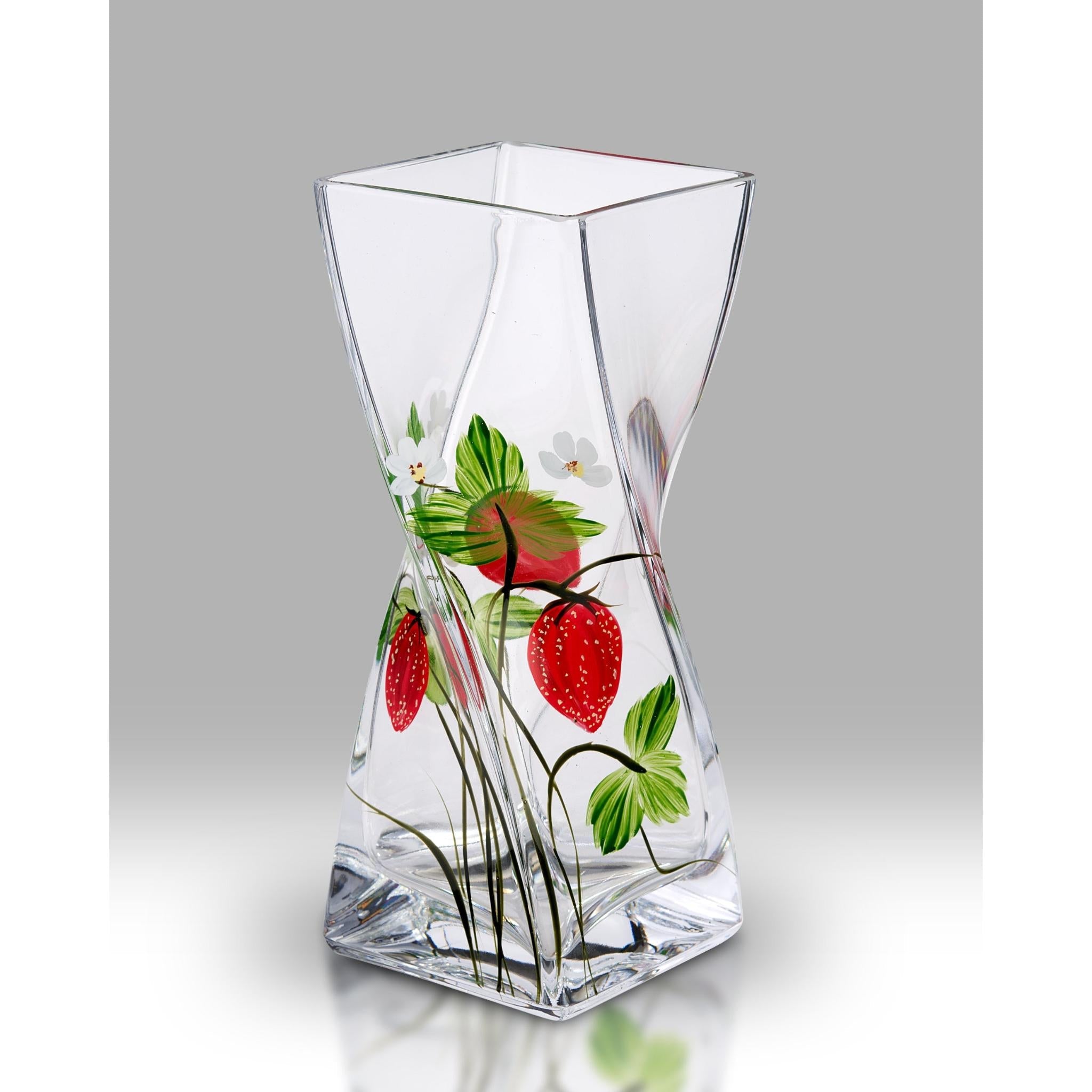 Hand-Painted Clear Glass Twist Vase with Red Strawberry Design
